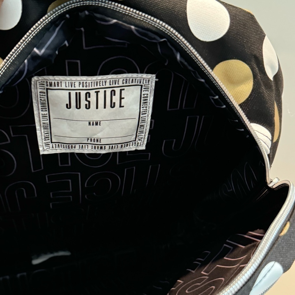 Justice  Exclusive "Just Be You" Gold & White Polka-dot & Strip Backpack bag - Picture 10 of 16